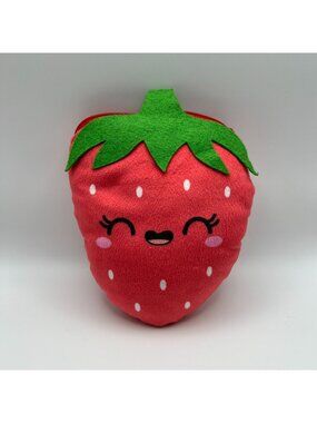 Strawberry Plush Zipper Pouch With Smiling Face & Green Leaf Top